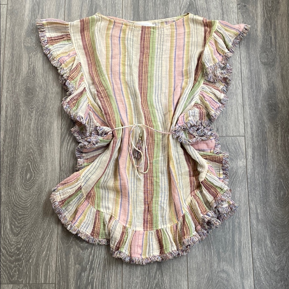 Zimmermann - Linen Cotton Blend Striped Fringed Tie Belt Mini Dress - Size 2